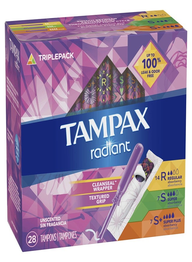 Tampax Radiant Tampons Trio Pack Regular/Super/Super Plus Absorbency, Unscented, 28 Count - Image 3