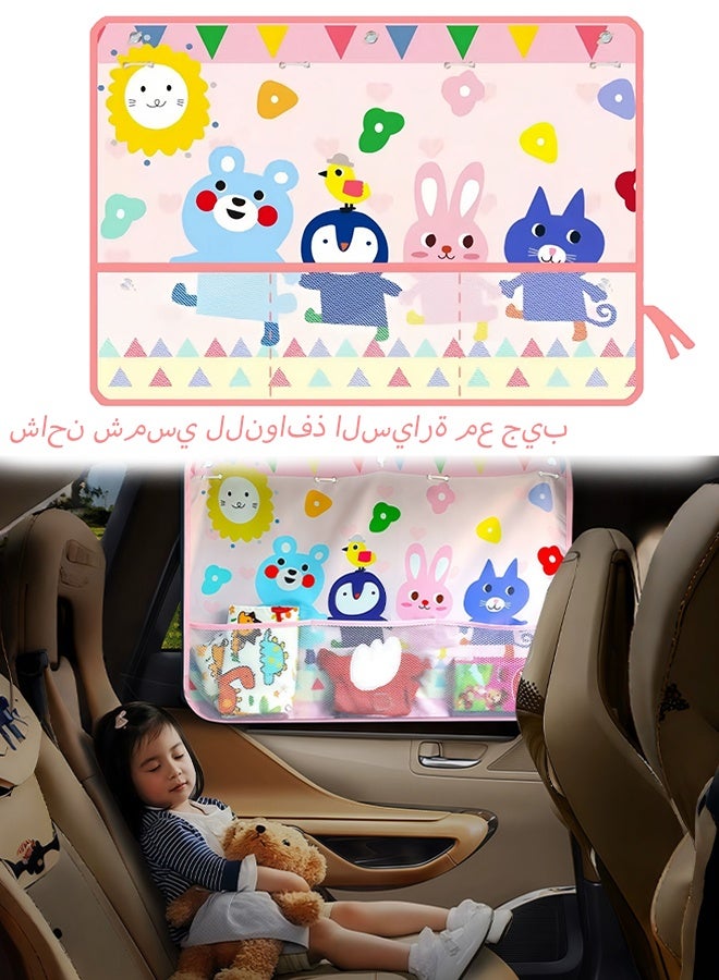 Cartoon Car Window Sun Shade With Multi Pocket Storage Pouch, Baby Kids UV Protection Car Side Window Curtain Sun Visor For Travel Road Trip Child Sleep Protection - Image 1