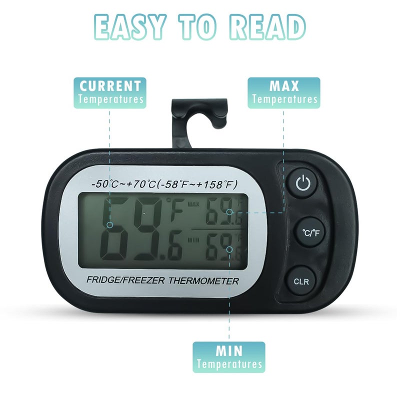 OneNine Refrigerator Thermometer, 2pcs Waterproof Digital Freezer Room Thermometer With Max/Min Record Function, Large LCD Display and Magnetic Back for Kitchen, Home, Restaurants - Image 3