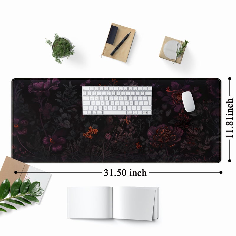 Mechanical Cattle Dark Cottagecore Desk Mat Black Purple Flower XL Mouse Pad Large Gaming Mousepad Extended Vintage Aesthetic Desk Pad Keyboard Mouse Mat 31.5 x 11.8 in for Work Game Office Decor - Image 2