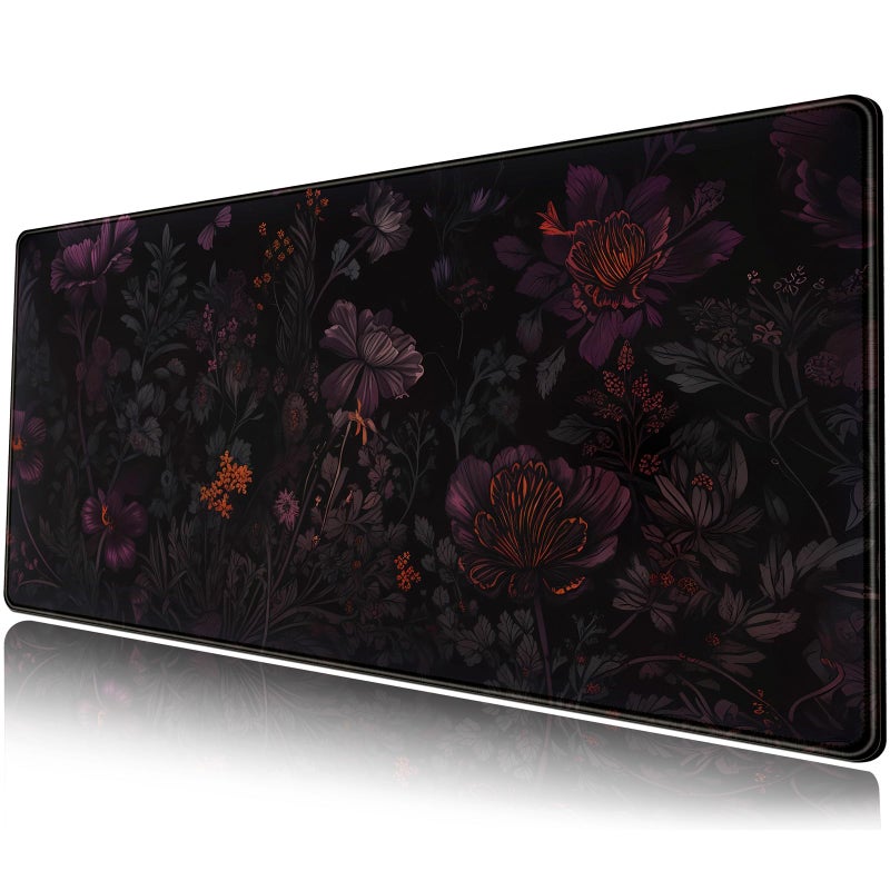 Mechanical Cattle Dark Cottagecore Desk Mat Black Purple Flower XL Mouse Pad Large Gaming Mousepad Extended Vintage Aesthetic Desk Pad Keyboard Mouse Mat 31.5 x 11.8 in for Work Game Office Decor - Image 1