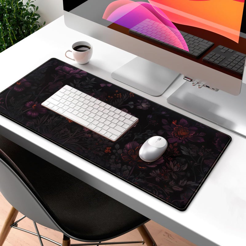 Mechanical Cattle Dark Cottagecore Desk Mat Black Purple Flower XL Mouse Pad Large Gaming Mousepad Extended Vintage Aesthetic Desk Pad Keyboard Mouse Mat 31.5 x 11.8 in for Work Game Office Decor - Image 3
