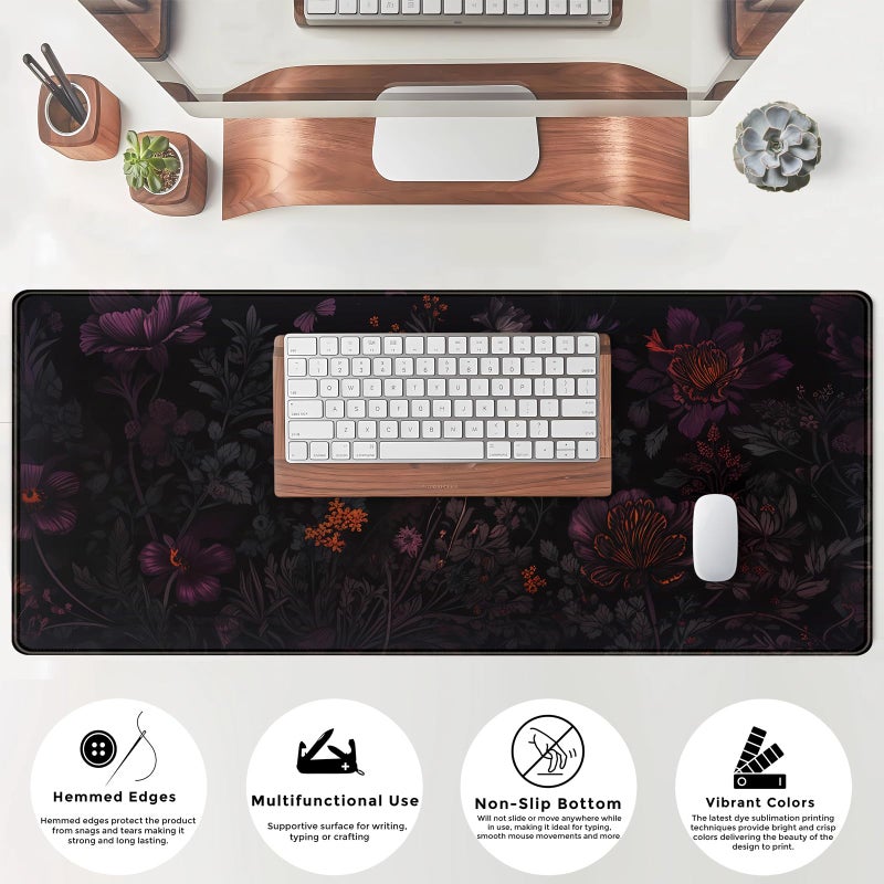 Mechanical Cattle Dark Cottagecore Desk Mat Black Purple Flower XL Mouse Pad Large Gaming Mousepad Extended Vintage Aesthetic Desk Pad Keyboard Mouse Mat 31.5 x 11.8 in for Work Game Office Decor - Image 4