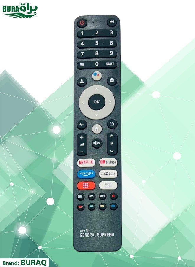 BURAQ General Supreme Smart TV Remote - Replacement Remote Control Compatible For General Supreme Smart LCD LED TVs with Netflix, YouTube, Prime Video & VIP Smart Short Keys 