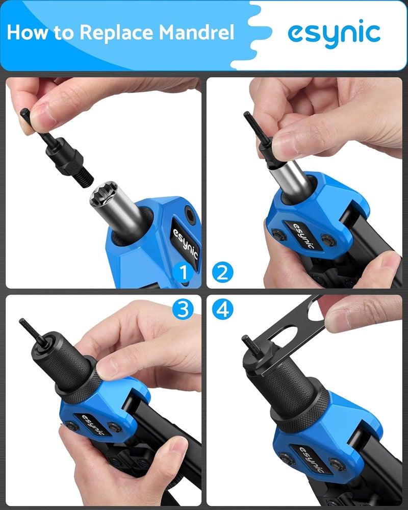 eSynic 100 Pcs Heavy Duty 10" Hand Riveter Nut Gun Kit with M3, M4, M5, M6 Inserts - Image 5
