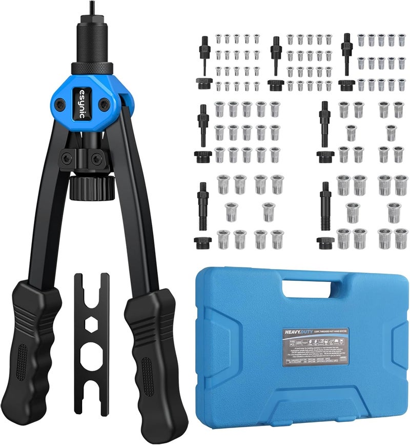 eSynic 100 Pcs Heavy Duty 10" Hand Riveter Nut Gun Kit with M3, M4, M5, M6 Inserts - Image 1