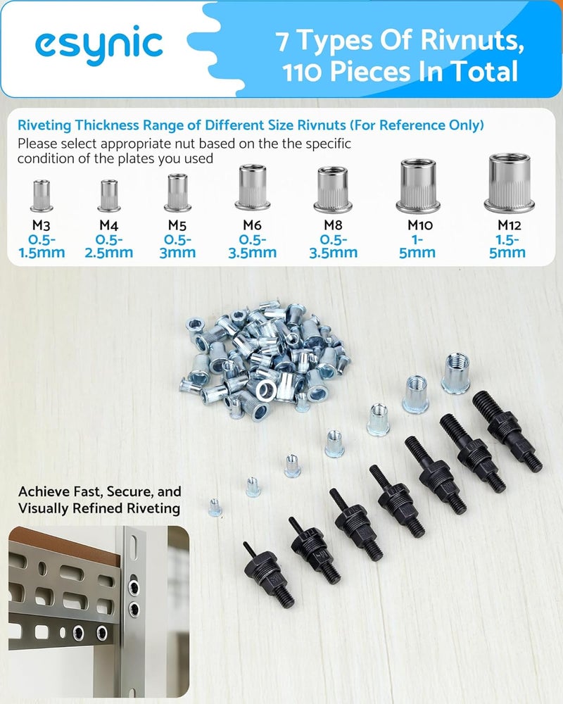 eSynic 100 Pcs Heavy Duty 10" Hand Riveter Nut Gun Kit with M3, M4, M5, M6 Inserts - Image 4