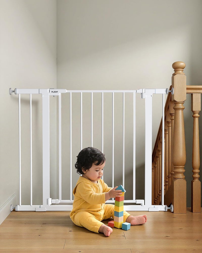 PLZOIT 29.5-40.5" Baby Gate for Stairs, Dog Gate for Doorways, Walk Thru Auto Close Metal Baby Safety Gate for The House, Stairs and Doorways, Child Gate Pressure Mounted, Pet Gate for Dog Indoor - White - Image 1