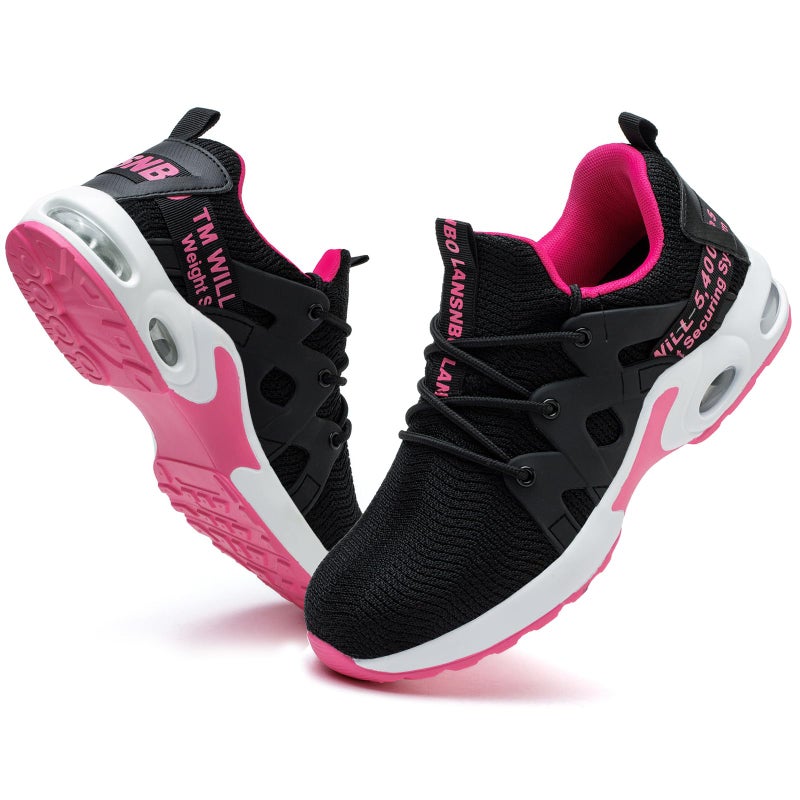 LANSNBO Steel Toe Shoes for Women Indestructible Safety Work Shoes Air Cushion Lightweight Breathable Utility Sneakers Puncture Proof Slip Resistant Composite Toe FootwearHEI Hong 36 Blackred