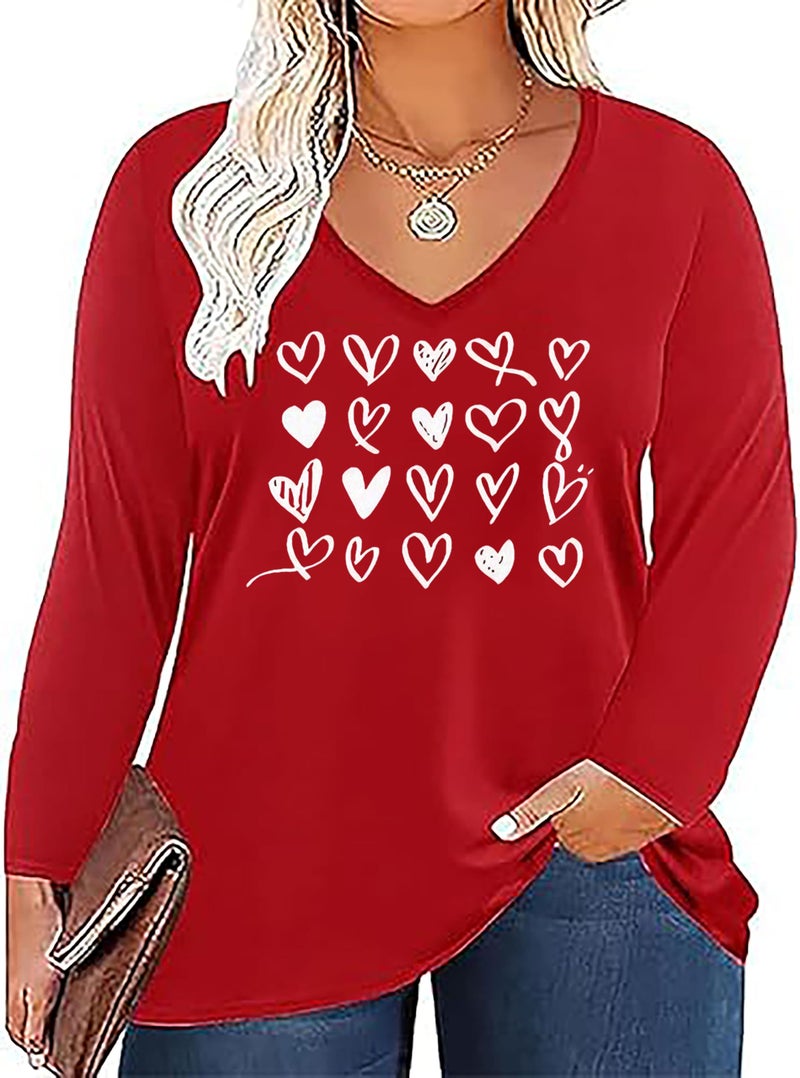 YALUCOR Plus Size Women Valentine Shirts Love Heart Graphic Long Sleeve Tshirt Casual Valentines Day Gift V Neck Tops - Image 1