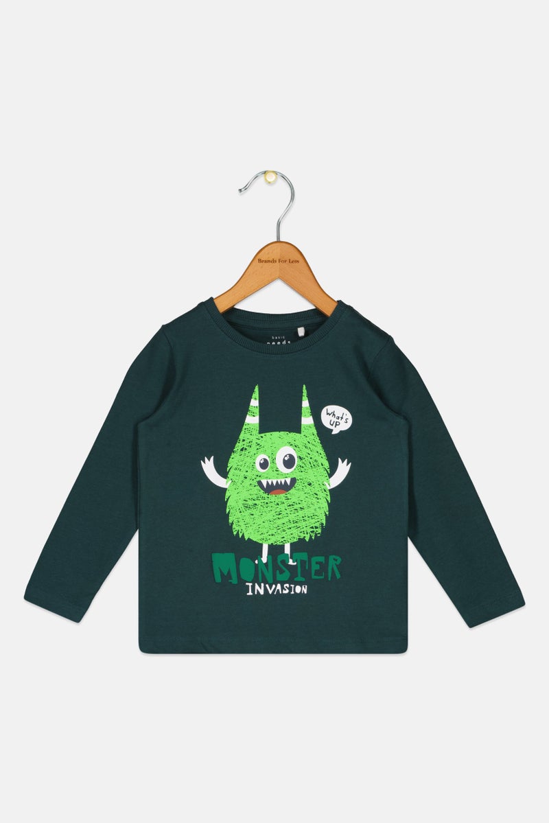NAME IT تي شيرت جرافيك بأكمام طويلة للأولاد الصغار، أخضر داكن - Image 1