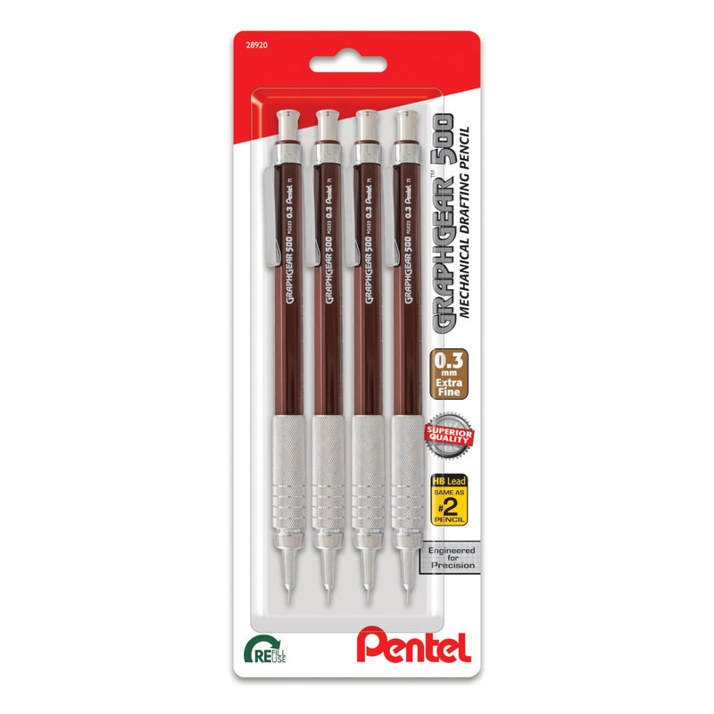 Pentel GraphGear 500 Mechanical Drafting Pencil, (0.3mm), Extra Fine Line, Brown Barrel, Pack of 4 (PG523BP4E) - Image 1