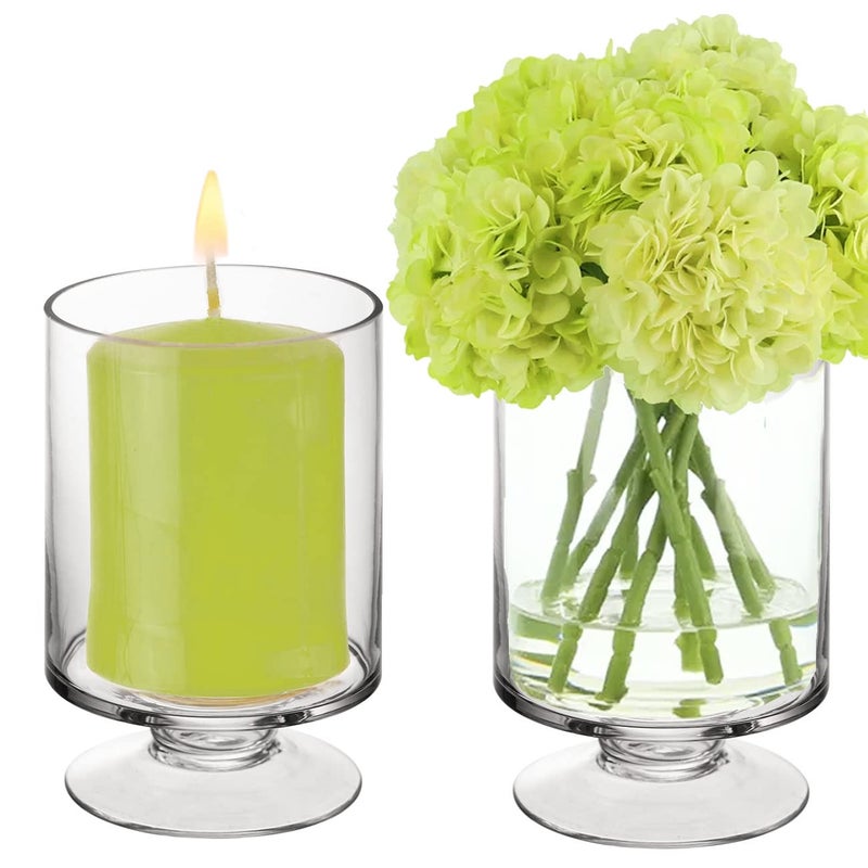 CYS EXCEL Glass Hurricane Pillar Candle Holders (H:6" W:3.75", 2 PCS) | Multiple Size Choices Short Stem Candle Jars | Stemmed Glass Cylinder Candle Vase - Image 1