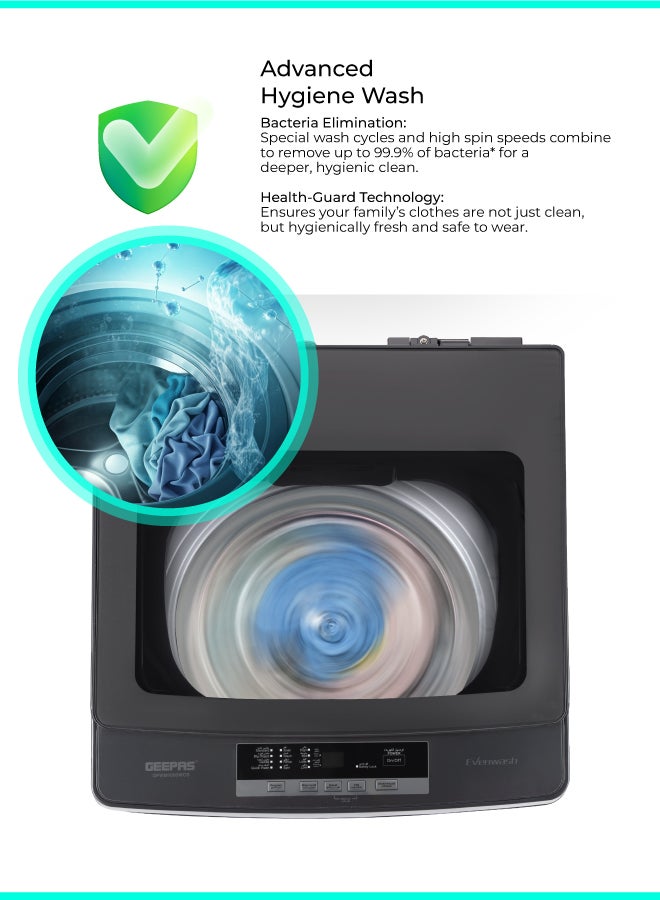GEEPAS 9 Kg - Fully Automatic Top Load Washing Machine - Highly Efficient, Durable Design | Digital LED Display, Diamond Drum. Grey 9 kg 540 W GFWM1090SCXNV Grey - Image 5
