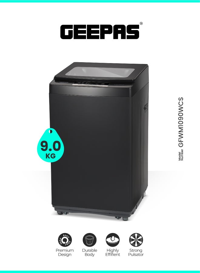GEEPAS 9 Kg - Fully Automatic Top Load Washing Machine - Highly Efficient, Durable Design | Digital LED Display, Diamond Drum. Grey 9 kg 540 W GFWM1090SCXNV Grey - Image 1