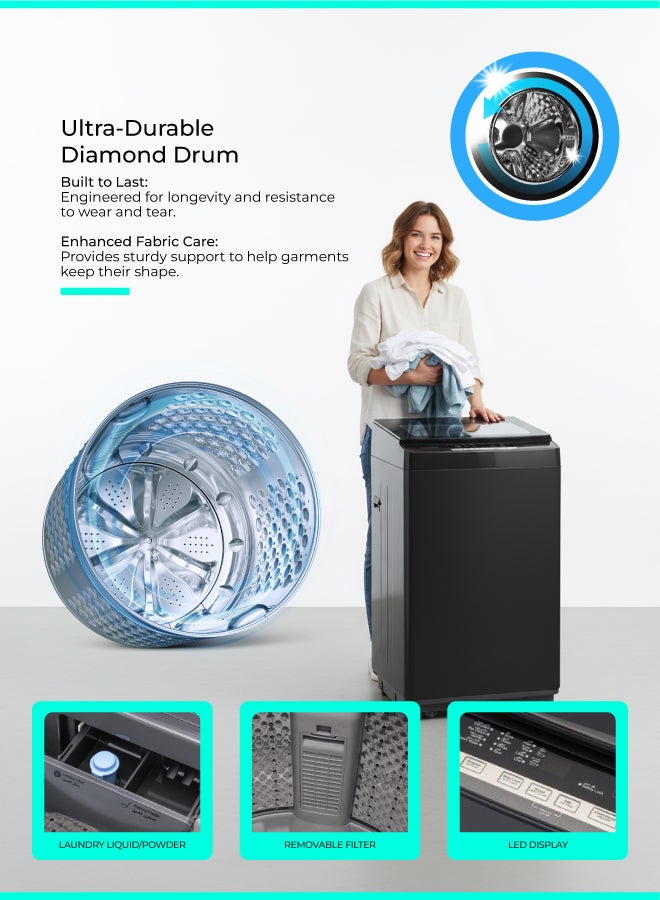 GEEPAS 9 Kg - Fully Automatic Top Load Washing Machine - Highly Efficient, Durable Design | Digital LED Display, Diamond Drum. Grey 9 kg 540 W GFWM1090SCXNV Grey - Image 2