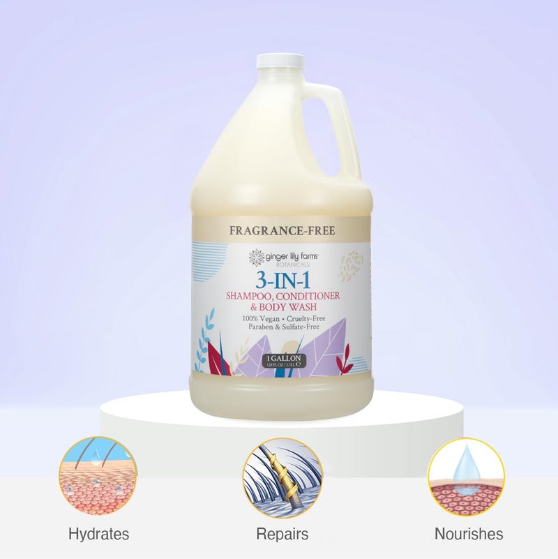 Ginger Lily Farms Botanicals 3-in-1 Shampoo, Conditioner & Body Wash, 100% Vegan & Cruelty-Free, Fragrance Free, 1 Gallon (128 fl oz) Refill - Image 5