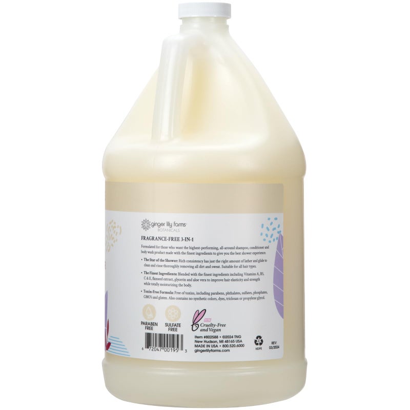 Ginger Lily Farms Botanicals 3-in-1 Shampoo, Conditioner & Body Wash, 100% Vegan & Cruelty-Free, Fragrance Free, 1 Gallon (128 fl oz) Refill - Image 2