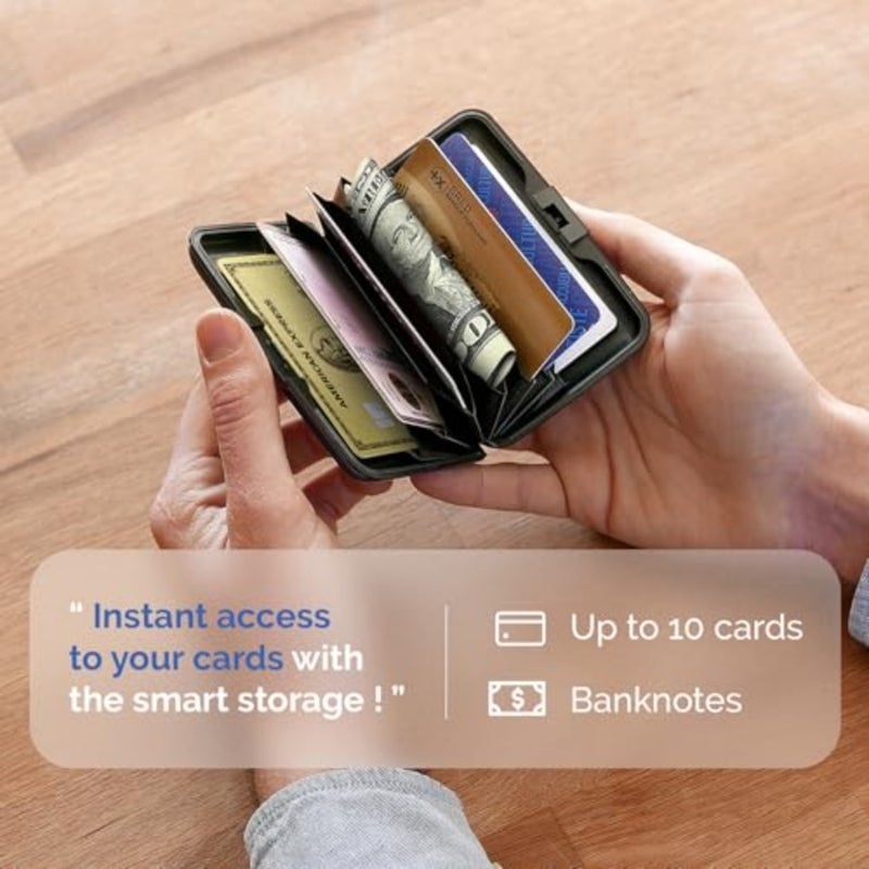 محفظة حامل بطاقات من الألومنيوم، حماية RFID. الموديل: محفظة STOCKHOLM ORIGINAL المصنوعة من الألومنيوم منذ عام 2004. الوصول الفوري للبطاقة مع فتح بيد واحدة. يحمل ما يصل إلى 10 بطاقات فواتير - Image 4