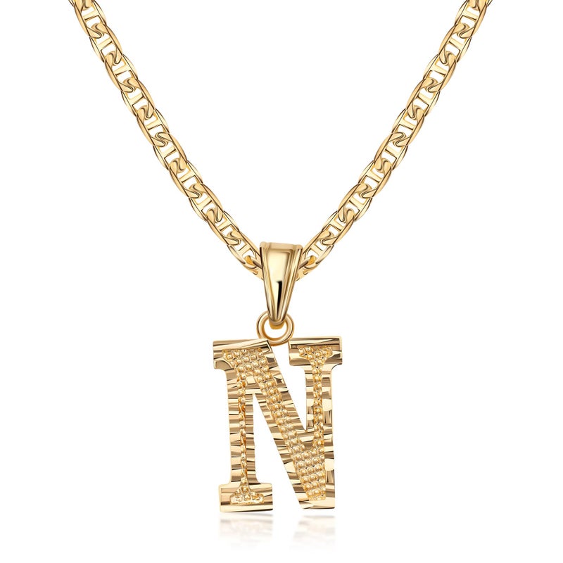 Barzel 18K Gold Plated Initial Necklace with Diamond Cut Initial,18" Chain with 2" Extension, Waterproof, High Polish Finish, Made in Brazil (N) - Image 1