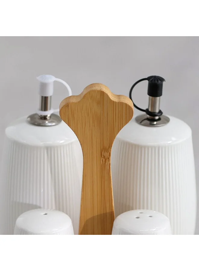 DANUBE HOME Princess 5 Piece Oil & S & P Set Porcelain Bamboo Tabletop Seasoning Dispensers Elegant Seasoning Holder For Home Kitchen & Dining Room L17xW13.5xH18.5cm White