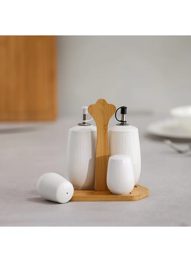 DANUBE HOME Princess 5 Piece Oil & S & P Set Porcelain Bamboo Tabletop Seasoning Dispensers Elegant Seasoning Holder For Home Kitchen & Dining Room L17xW13.5xH18.5cm White