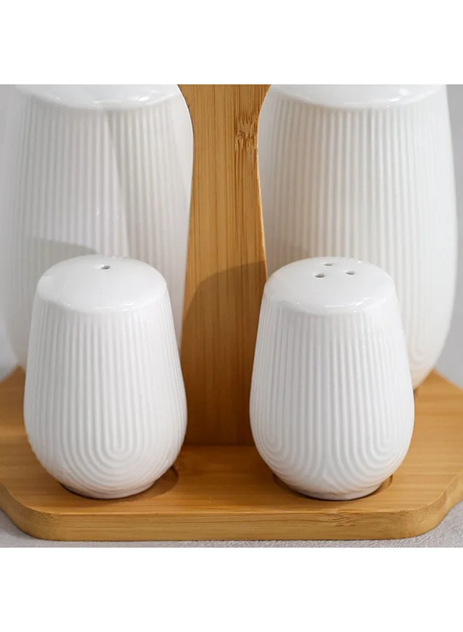 DANUBE HOME Princess 5 Piece Oil & S & P Set Porcelain Bamboo Tabletop Seasoning Dispensers Elegant Seasoning Holder For Home Kitchen & Dining Room L17xW13.5xH18.5cm White