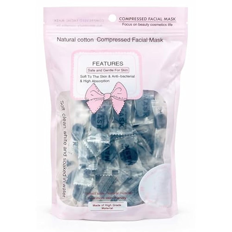 Face Mask - Natural Cotton Compressed Facial Mask, Soft On Skin & Anti Bacterial, Safe & Gentle For Skin, High Absorption, Soft Clean White & Soaked In Water, About 100 Black Mask - Image 2