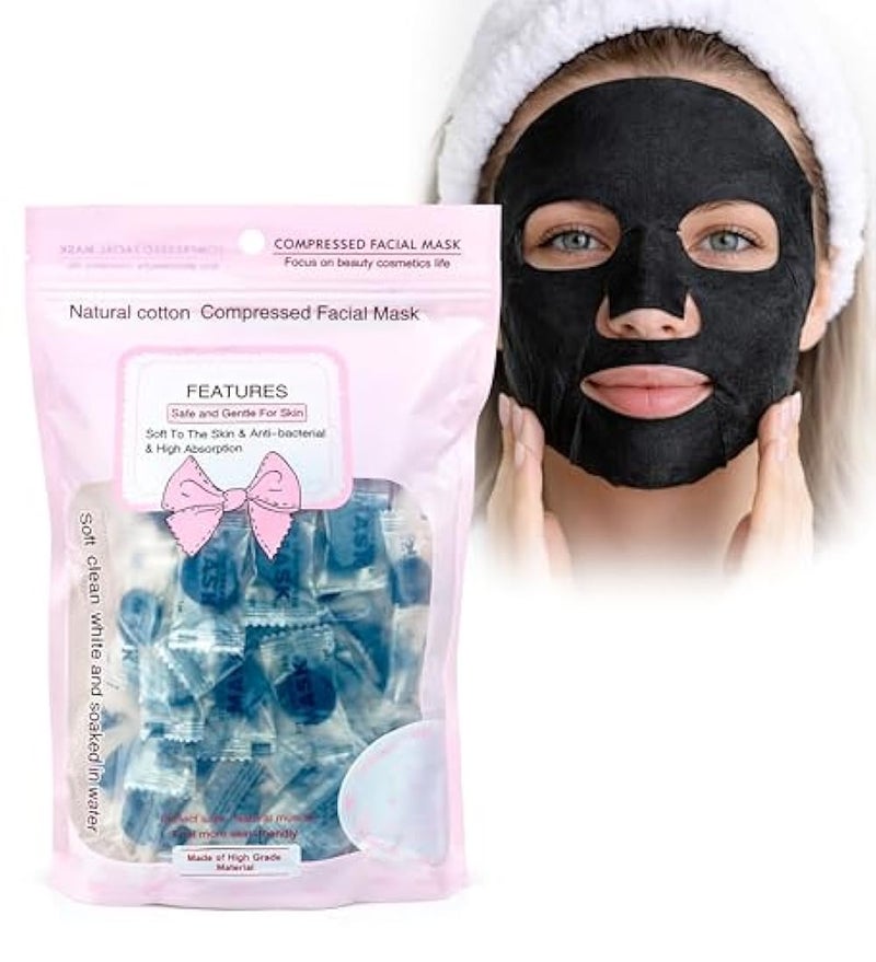 Face Mask - Natural Cotton Compressed Facial Mask, Soft On Skin & Anti Bacterial, Safe & Gentle For Skin, High Absorption, Soft Clean White & Soaked In Water, About 100 Black Mask - Image 1