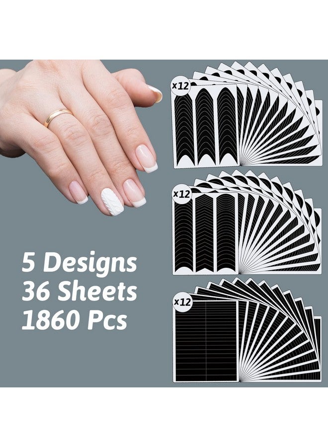 winthrop 1860 Pcs French Tip Nail Guides Selfadhesive French Vshaped Moon Shaped Manicure Strip Stickers For Edge Auxiliary Black Diy Decoration Stencil Tools(5 Designs 36 Sheets) - Image 2