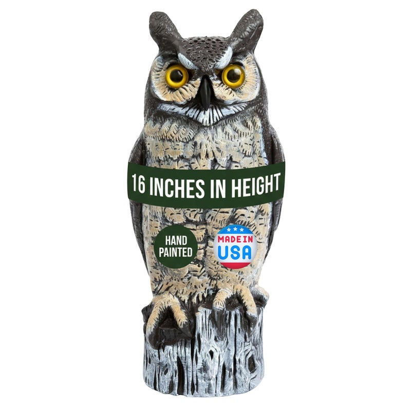Dalen Large Fake Owl Decoy to Scare Birds Away - 16 in Hand-Painted Great Horned Owl Garden Scarecrow for Natural Pest Control - Fixed Head Design - Secure Upright by Filling with Sand/Gravel Only - Image 1