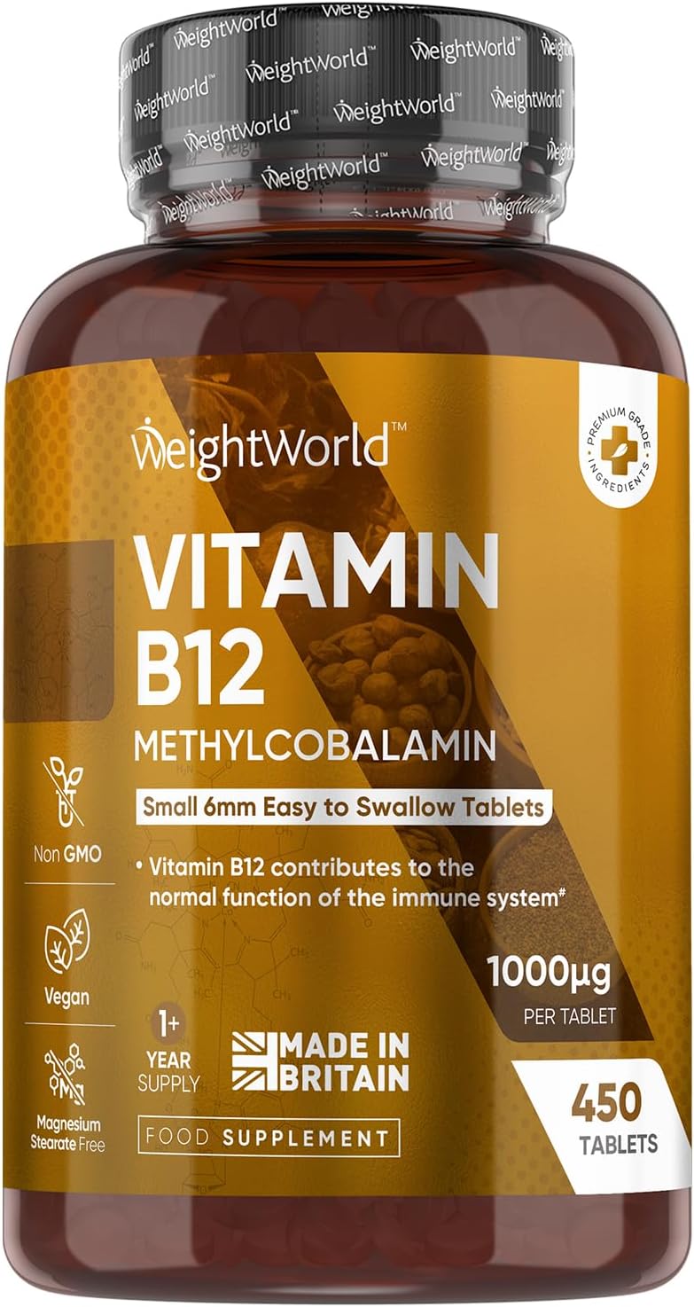 WeightWorld أقراص فيتامين ب12 1000 ميكروغرام مكمل ب12 نباتي 450 قرص ميثيلكوبالامين إمداد لمدة عام 1 في اليوم 6 مم في الحجم سهل البلع صنع في المملكة المتحدة - Image 1