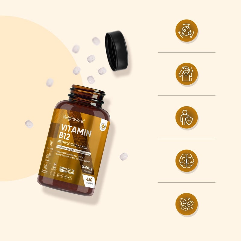 WeightWorld أقراص فيتامين ب12 1000 ميكروغرام مكمل ب12 نباتي 450 قرص ميثيلكوبالامين إمداد لمدة عام 1 في اليوم 6 مم في الحجم سهل البلع صنع في المملكة المتحدة - Image 5