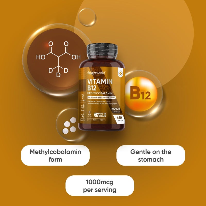 WeightWorld أقراص فيتامين ب12 1000 ميكروغرام مكمل ب12 نباتي 450 قرص ميثيلكوبالامين إمداد لمدة عام 1 في اليوم 6 مم في الحجم سهل البلع صنع في المملكة المتحدة - Image 2