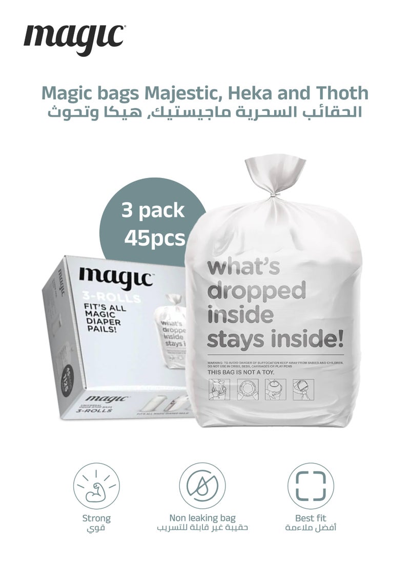 Magic - Magic Bags Majestic & Essential | 15pcs per Roll | 3 Pack | Leak-proof & Odor Control | Perfect Fit for Diaper Pails | Keeps Odor Inside for 2 Weeks | 100% Durable - Image 1
