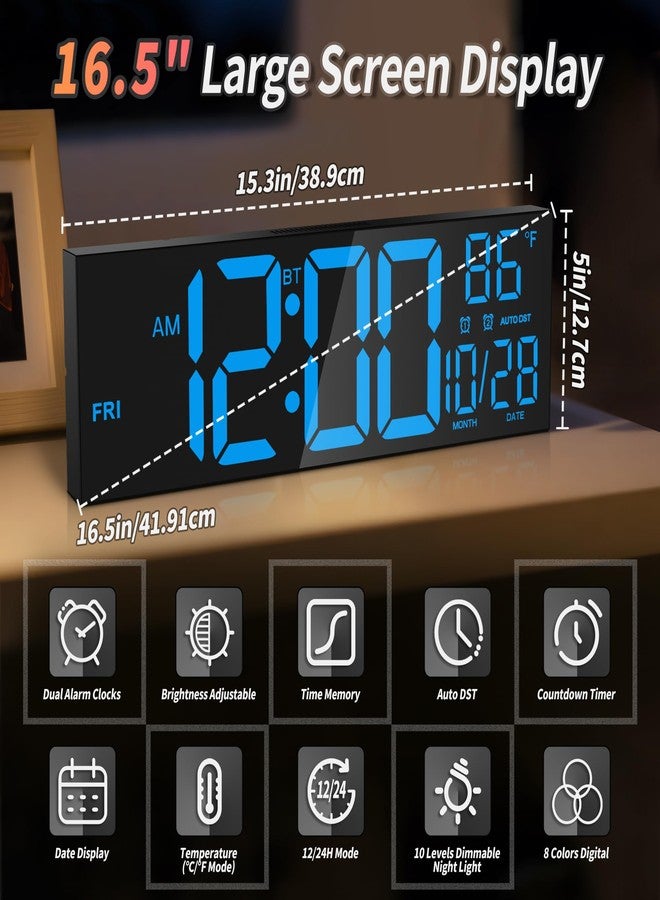 Mee 2ou ساعة حائط رقمية Mee 2ou مقاس 16.5 بوصة مزودة بتقنية بلوتوث للمزامنة التلقائية، وشاشة LED كبيرة، وخاصية التعتيم التلقائي الذكي، وخاصية التوقيت الصيفي، وجهاز تحكم عن بعد، وإضاءة ليلية، وعرض التاريخ ودرجة الحرارة، مناسبة لغرفة المعيشة، لون أسود - Image 2