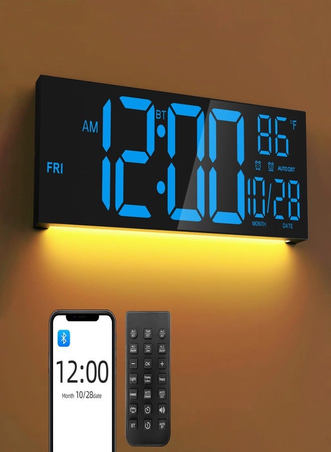 Mee 2ou ساعة حائط رقمية Mee 2ou مقاس 16.5 بوصة مزودة بتقنية بلوتوث للمزامنة التلقائية، وشاشة LED كبيرة، وخاصية التعتيم التلقائي الذكي، وخاصية التوقيت الصيفي، وجهاز تحكم عن بعد، وإضاءة ليلية، وعرض التاريخ ودرجة الحرارة، مناسبة لغرفة المعيشة، لون أسود - Image 1