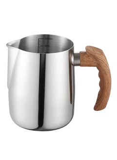 Zorqon 900ml Stainless Steel Milk Foam Pitcher with Wooden Handle, Flowered Cup, Pointed Spout, Graduated Measuring Cup - Ideal for Barista Coffee, Espresso, Latte - Silver  - Image 1
