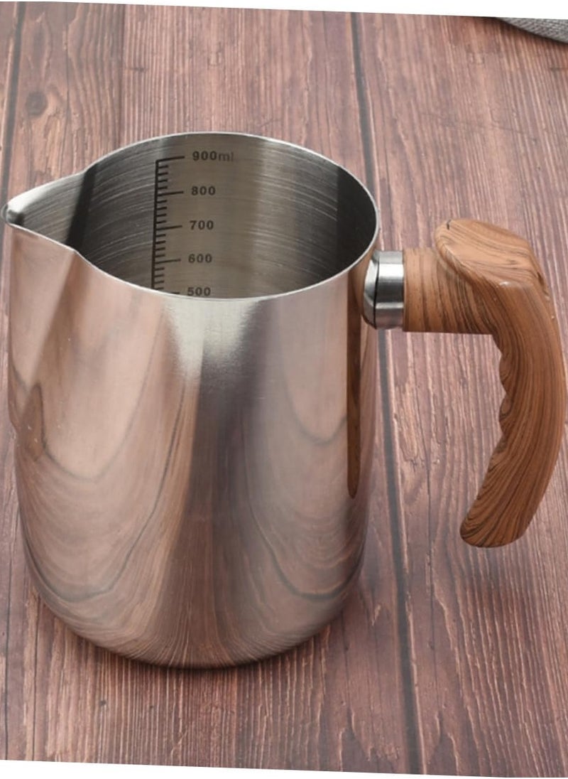 Zorqon 900ml Stainless Steel Milk Foam Pitcher with Wooden Handle, Flowered Cup, Pointed Spout, Graduated Measuring Cup - Ideal for Barista Coffee, Espresso, Latte - Silver  - Image 3