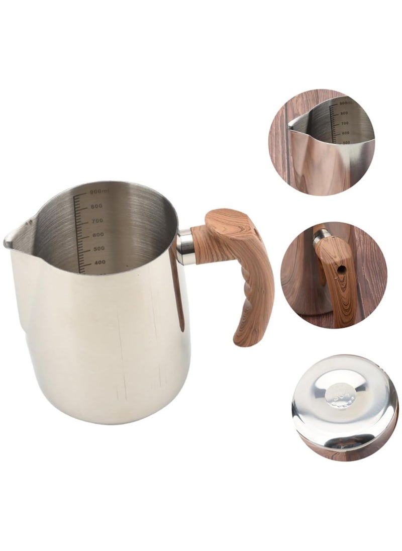 Zorqon 900ml Stainless Steel Milk Foam Pitcher with Wooden Handle, Flowered Cup, Pointed Spout, Graduated Measuring Cup - Ideal for Barista Coffee, Espresso, Latte - Silver  - Image 2
