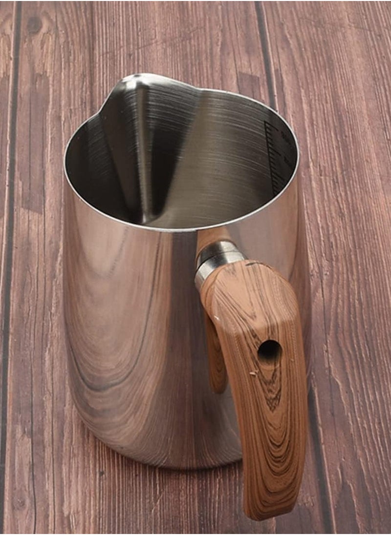 Zorqon 900ml Stainless Steel Milk Foam Pitcher with Wooden Handle, Flowered Cup, Pointed Spout, Graduated Measuring Cup - Ideal for Barista Coffee, Espresso, Latte - Silver  - Image 5