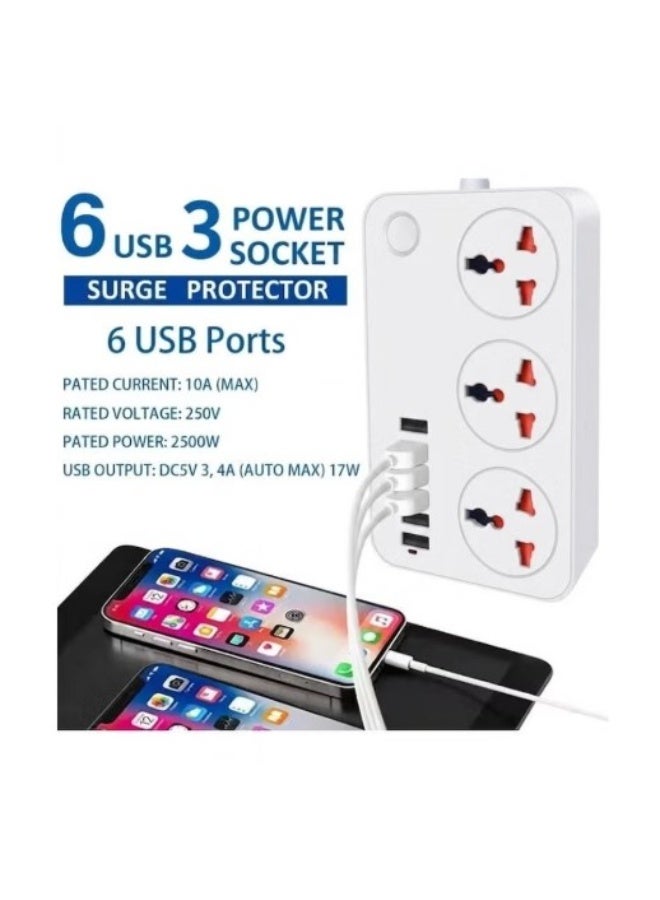 Terabyte 9 in 1 Universal Power Strip Extension Cord with 3 Wide Universal Sockets and 6 USB Ports, 110-240v, UK Plug 3 Pin Power Socket 2500w, 2 meter cable, International Plug. (WHITE) - Image 2