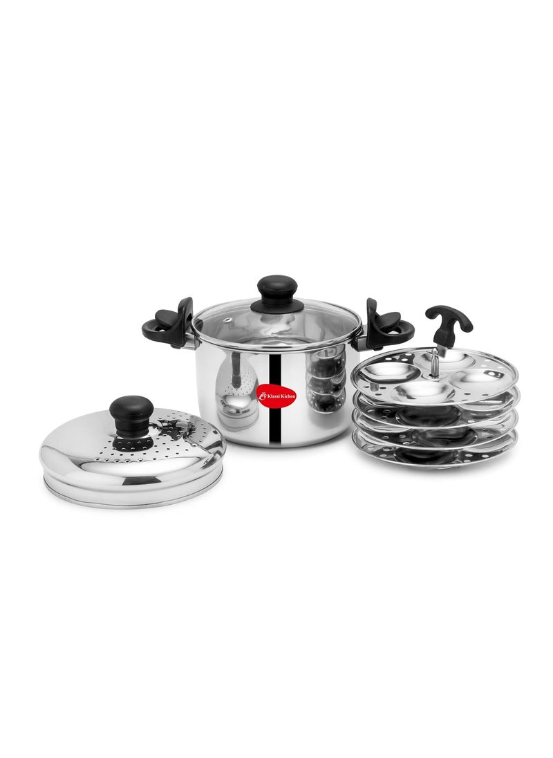 KLASSI KICHEN Stainless Steel PastaNoodle Pot with Strainer Lid and 4 Idli Plates Induction Standard Idli Maker 4 Plates 16 Idlis  - Image 1