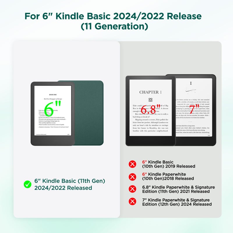 SESENSE Detachable Magnetic Case for 6'' Kindle 2024 and 2022 (11 Generation), Slim PU Shell Cover Case with Auto Wake/Sleep, Blackish Green - Image 2