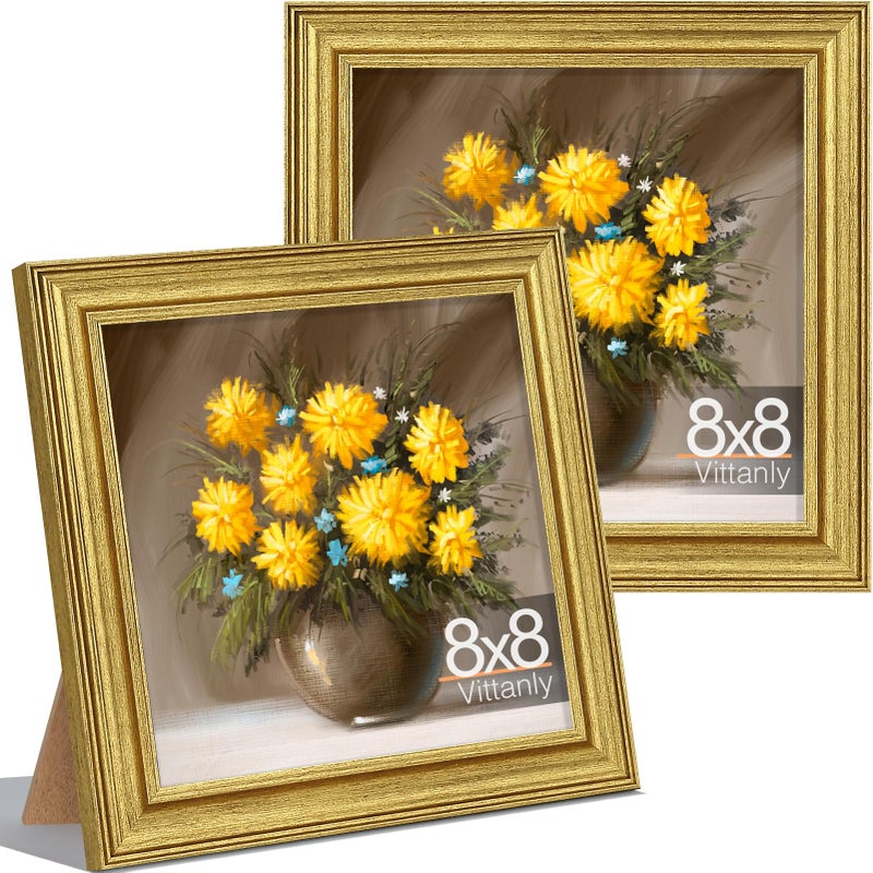 Vittanly 8x8 Picture Frames Set of 2, Ornate Vintage Photo Frame for Wall or Tabletop, Display 8x8 Pictures without Mat, Rustic Gold - Image 1