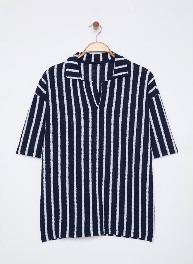 trendyol Navy Blue Striped Limited Edition Knitwear Look Polo Collar Tmnss25Po00011 - Image 3