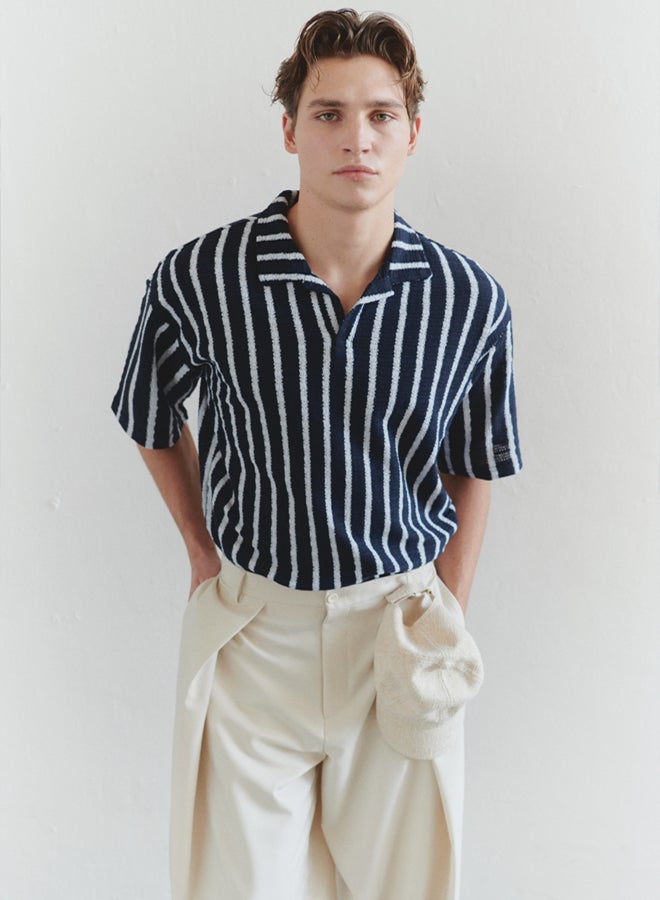 trendyol Navy Blue Striped Limited Edition Knitwear Look Polo Collar Tmnss25Po00011 - Image 1