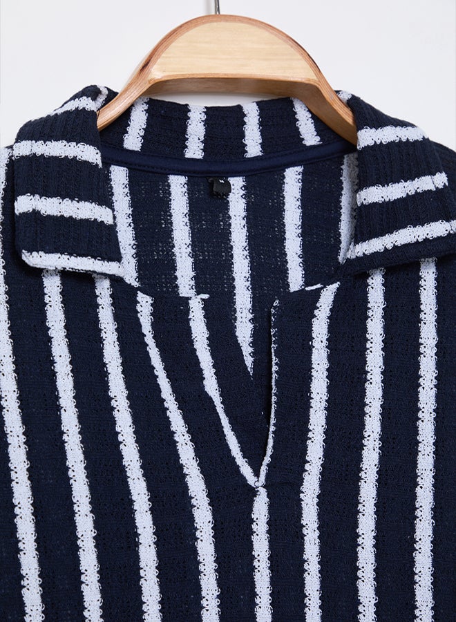trendyol Navy Blue Striped Limited Edition Knitwear Look Polo Collar Tmnss25Po00011 - Image 4