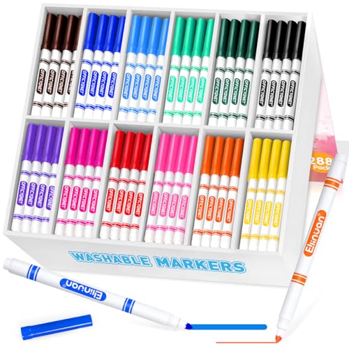 Ellinjan 288 Count Washable Markers Bulk 12 Assorted Colors Fine Line Colored Marker with Conical Tip Washable Markers for Kids Bulk Marker for Classroom School Art Supplies for Students Teachers - Image 1