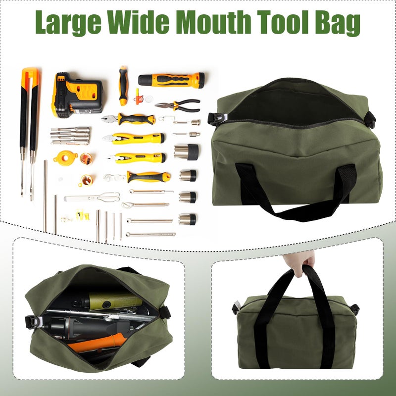Baizoy Small Tool Bag,Close Top Wide Mouth Tool Organizer Bag,Large Capacity Tool Bags for Men,Canvas Tool Storage Bag for Storage Handbag for Screwdrivers,Wrench,Pliers Hand Tools (Army Green, 12 Inch) - Image 2